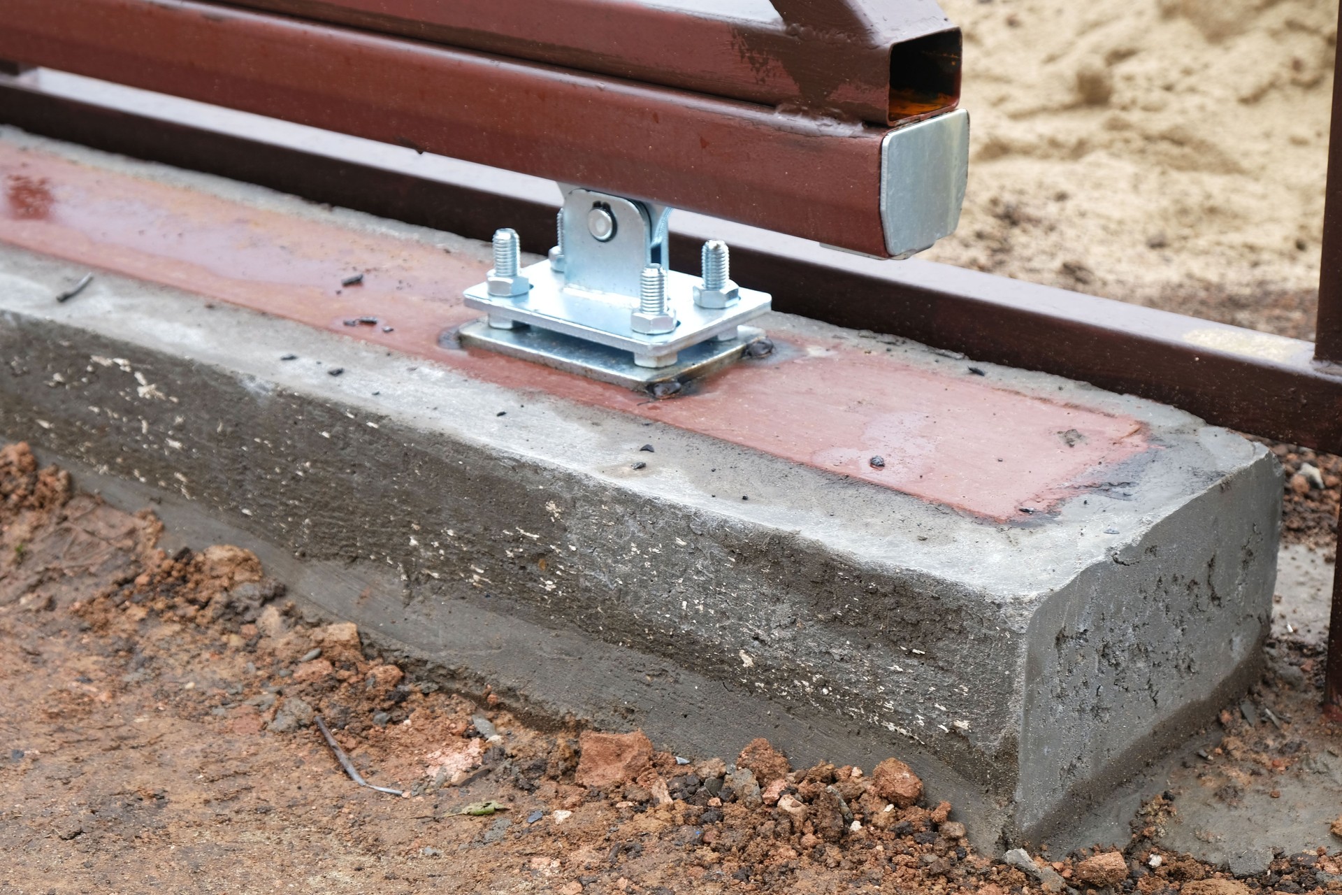 Concrete foundation for sliding gates, fastening elements